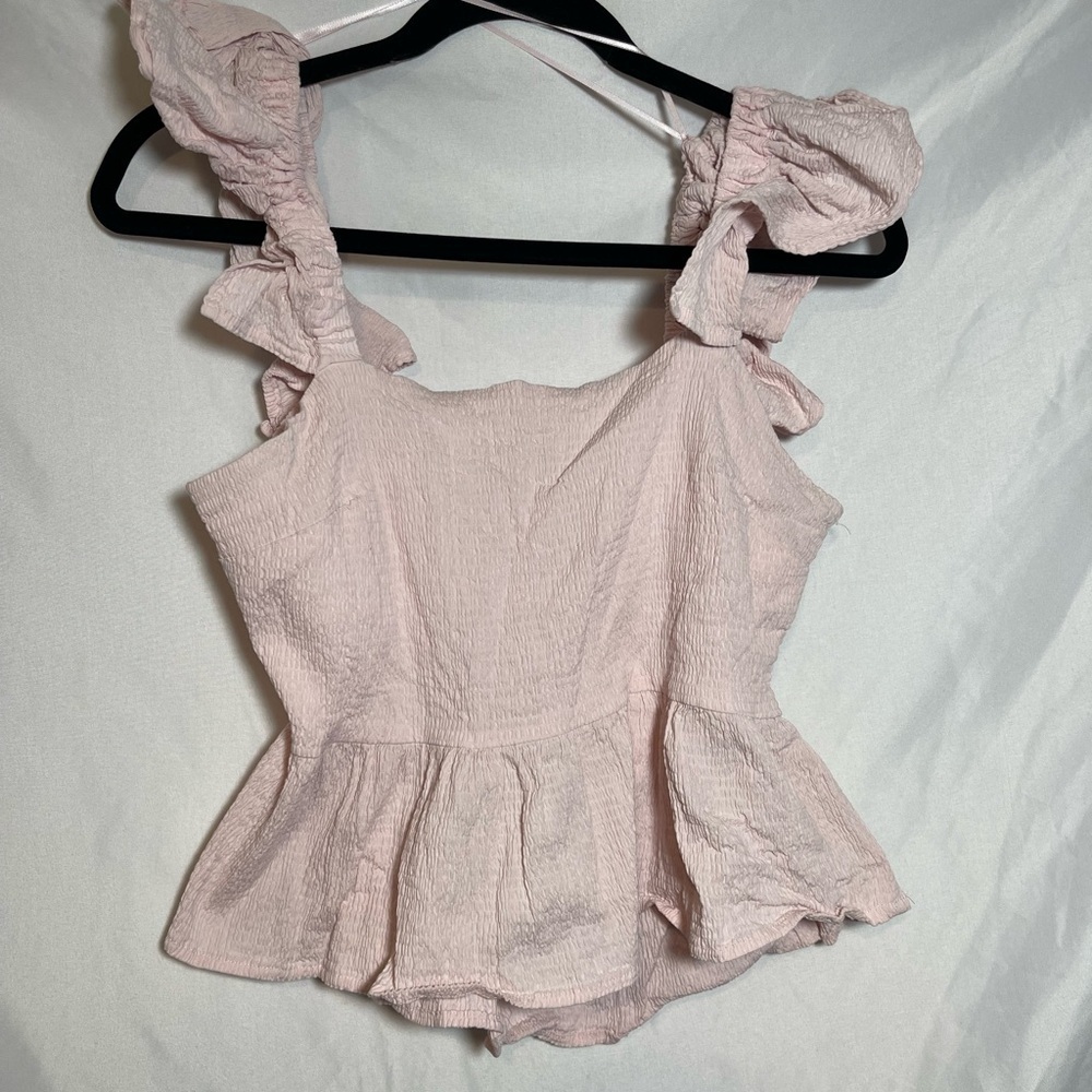 Blush Pink Smocked Ruffle Tank Top L Coquette Peplum Summer